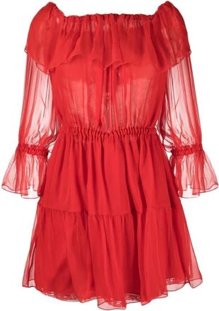 Gucci Roosrode Off-Shoulder Zijden Jurk - Dames - Korte kleedjes - Rood - M - Chiffon - Kleedjes