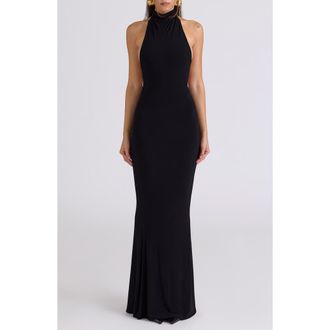 House of CB Sadira Draped Jersey Halter Mermaid Gown in Black at Nordstrom, Size X-Small