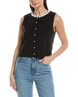 Ellen Tracy Crochet Flower Trim Sweater Vest