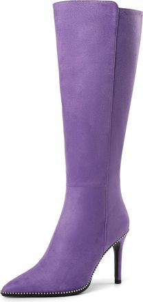 EDEFS Purple Suede Knee High Heeled Boots for Women Elegant Pointed Toe Tall Boots with Slim Leg Fit Ideal for Evening Wear UK3