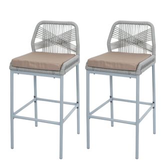 Hhg Hhg - Lote De 2 Taburetes De Bar De Cuerda 988, Asiento Exterior De Mimbre De Cuerda De Metal, Gris Claro, Coj&iacute;n Topo