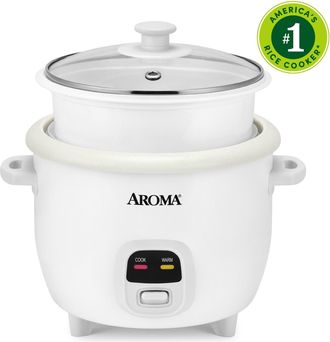Aroma 6-Cup Rice Cooker & Food Steamer with Bonded Granite Nonstick Ceramic & Pop-Up Steam Tray - White