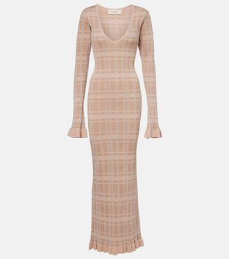 Bananhot Ether checked ribbed-knit ruffled maxi dress