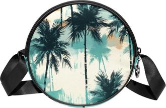 Generic Circle Crossbody Bag for Women, Tropical Plants Small Sling Bag Daypack with Zipper Adjustable Shoulder Straps Casual Ladies Girls Round Purse