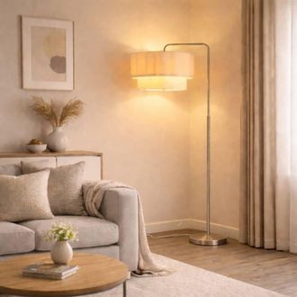 CGC Lighting Kyra Brushed Nickel Floor Lamp with Two Layer Scalloped Lampshade in Cream