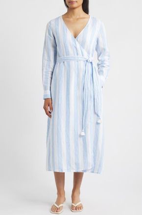 Tommy Bahama Bayside Isle Long Sleeve Linen Wrap Dress in Palace Blue at Nordstrom, Size X-Large