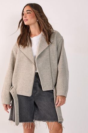 NASTY GAL Oversized Brushed Belted Biker Jacket in Mink at Nordstrom, Size 10