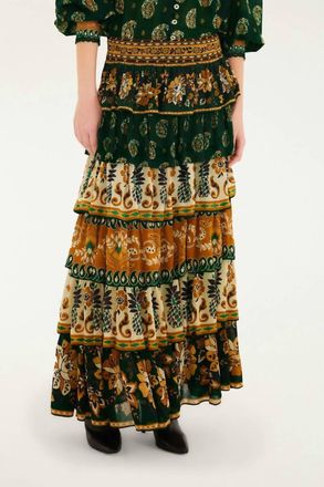 Farm Rio Ayla Mixed Scarves Layered Maxi Skirt In Green