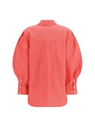 Ganni Womens Striped Cotton Shirt With Balloon Sleeves High Risk Red