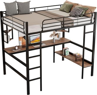 STILVORA Cama Alta Cama Individual Con Escritorio, 4 Estantes Y Estanter&iacute;a 90&times;200 Cm, Sin Colch&oacute;n, Negro Metal