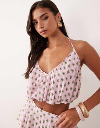 AFRM Ailee - Crop top allacciato al collo rosa a pois in coordinato
