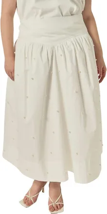 English Factory Imitation Pearl Studded Cotton Poplin Midi Skirt in White at Nordstrom, Size 2X