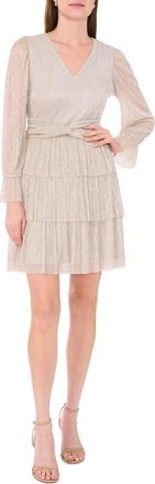 Halogen Metallic Pliss&eacute; Tiered Long Sleeve Dress in Metallic Silver/Gold at Nordstrom Rack, Size Xx-Large