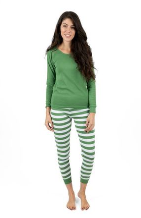 Leveret Womens Cotton Striped Matching Family Holiday Pajamas in Solid Green Top & Striped Pant at Nordstrom, Size X-Small