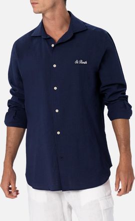 MC2 Saint Barth Man Seersucker Blue Cotton Shirt Pamplona