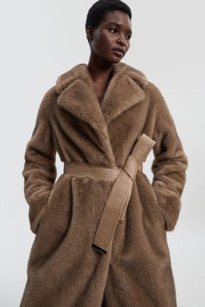 Karen Millen Womens Faux Fur Longline Coat - Natural - Size 14 UK