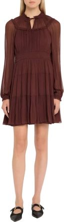 Ulla Johnson Ava Long Sleeve Dress With Ruffle Trim In Mahogany