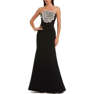 Mac Duggal Strapless 3D Rhinestone Flower Detail Crepe Gown in Black at Nordstrom, Size 14
