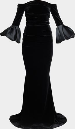 Talbot Runhof Ruffle Long-Sleeve Stretch Velvet Off-The-Shoulder Gown