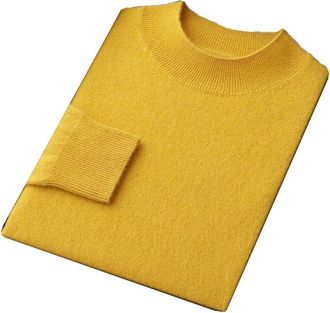 Generic Mens Cashmere Sweater Solid Simple Knit Long Sleeve Business Stand Collar Warm Jumper Yellow