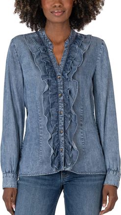 Kut from the Kloth Fallon Double Ruffle Button-Up Shirt In Medium Wash