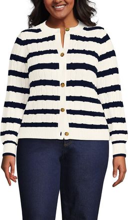 Lands End Drifter Classic Cable Crew Neck Cardigan Sweater in Ivory/navy Coastal Stripe at Nordstrom, Size 1X