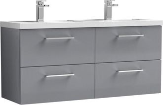 Nuie Arno Satin Grey 1200mm Wall Hung 4 Drawer Vanity Unit and Double Polymarble Basins - ARN2224C - Nuie