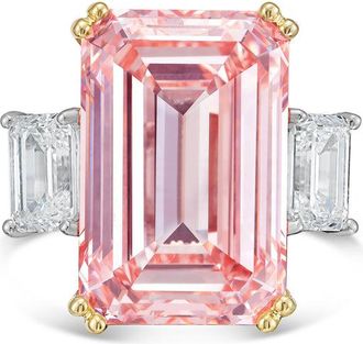 Diana M. Jewels 18kt Yellow gold Lab grown 15ct Fancy pink emerald diamond ring with emerald diamonds on the side and micropave band