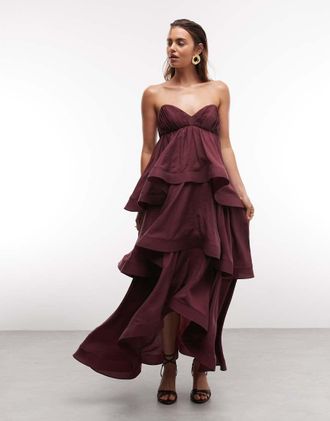 Asos Vestito lungo strutturato a balze color prugna con volant-Viola