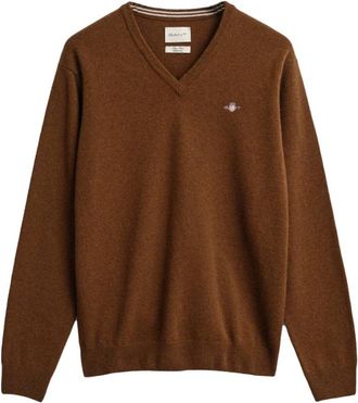 GANT Superfijne Pullover Sweater - Heren - V-hals truien - Bruin - S - Truien & Vesten