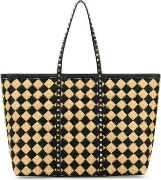 Valentino Garavani Embroidered Raffia Rockstud Shopping Bag