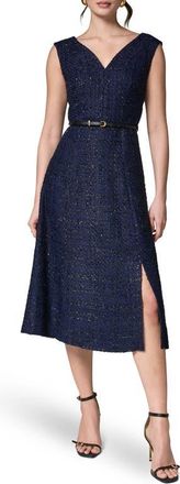DKNY Belted Plaid Metallic Tweed Dress in Night Sky at Nordstrom, Size 12