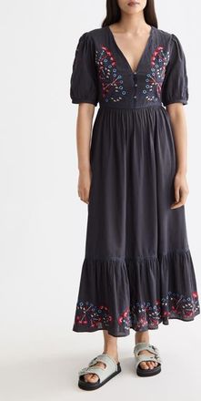 Scotch & Soda Embroidered Puff Sleeve Tiered Cotton & Linen Maxi Dress in Charcoal Art at Nordstrom, Size 4 Us