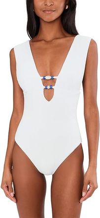 BECCA by Rebecca Virtue Modern Edge Rib Mira Pleated V-Wire One-Piece Womens Swimsuits One Piece White : LG, Nylon/Spandex