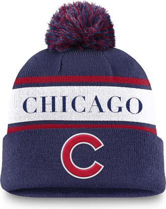Nike Chicago Cubs Team Stripe Peak Nike Mens MLB Cuffed Pom Beanie in Blue | NB164EUEJ-JH5