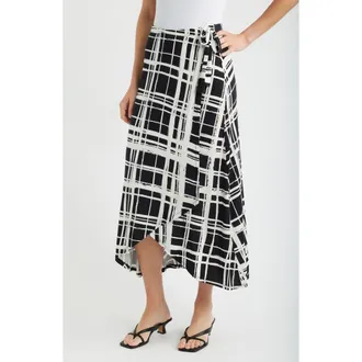 Loveappella Windowpane Plaid Faux Wrap Knit Skirt in Black/ivory at Nordstrom, Size X-Large