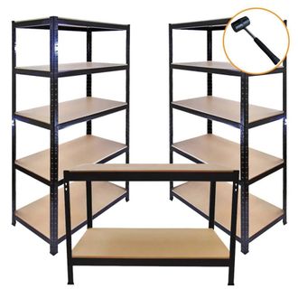 MonsterShop 3 x 90cm T-Rax Black Metal Racking Units & Workbench | Size: 3 x 90 cm