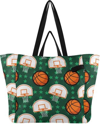 Generic Basketball Green pattern Reusable Canvas Tote Bag, Heavy Duty Grocery Shopping Bag with Large Capacity Double Handles Hard Bottom Work Groceries Trave