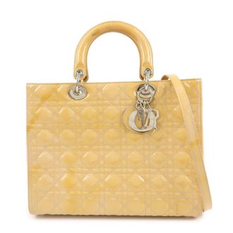 Dior Vintage Lady Dior Cannage Quilt Patent Yellow Patent_Leather Handbag (Pre-Owned)