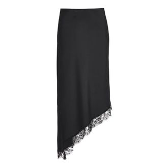 Swing Swing, Rokken, Dames, Zwart, XS, Satijn, Satijnen Rok met Asymmetrische Kantzoom