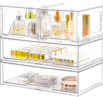 OEM Juego De 4 Cajones Apilables De Acr&iacute;lico Transparente, Ideales Para Maquillaje, Ba&ntilde;o O Tocador