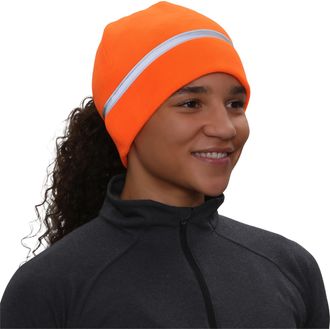 TrailHeads Womens Ponytail Hat | Reflective Cold Weather Running Beanie | Hat for Running, Hiking, XC Skiing - Hunter Orange
