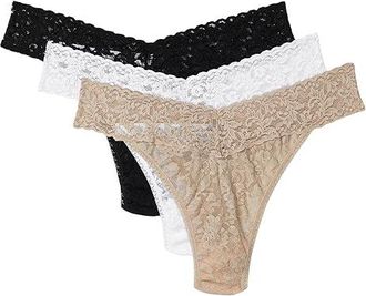 Hanky Panky Signature Lace Original Rise Thong 3-Pack Womens Underwear Black/Chai/White, Cotton/Lace/Nylon