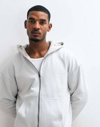 Hollister felpa con cappuccio reversibile con zip in grigio chiaro stampa leopardata