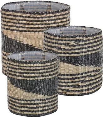 Beliani Conjunto De 3 Macetas De Algas Marinas Natural Cestas Para Plantas Interior Boho Rattail