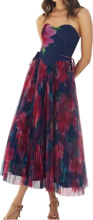 Hutch Womens Rowan Strapless Floral Pleated Midi Dress In Navy/raspberry Watercolor Bloomed