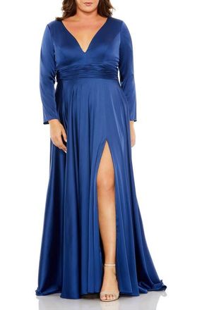 Mac Duggal Quarter Sleeve Satin V Neck A Line Gown in Midnight at Nordstrom, Size 14W