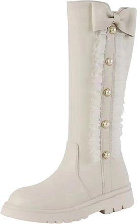 Generic Womens Cute Mid Calf Boots Round Toe Low Square Heel With Side Zipper And Butterfly-Knot Detail Daily Wear Shoes