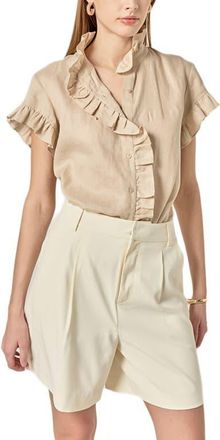English Factory Ruffle Trim Linen Button-Up Shirt in Natural at Nordstrom, Size X-Small