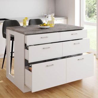 IDMarket Isla Central Orso De 120 Cm Con 6 Cajones Blancos Y Encimera Efecto Hormig&oacute;n